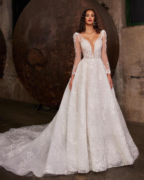 122230 long sleeve lace wedding dress with open back and a line silhouette1